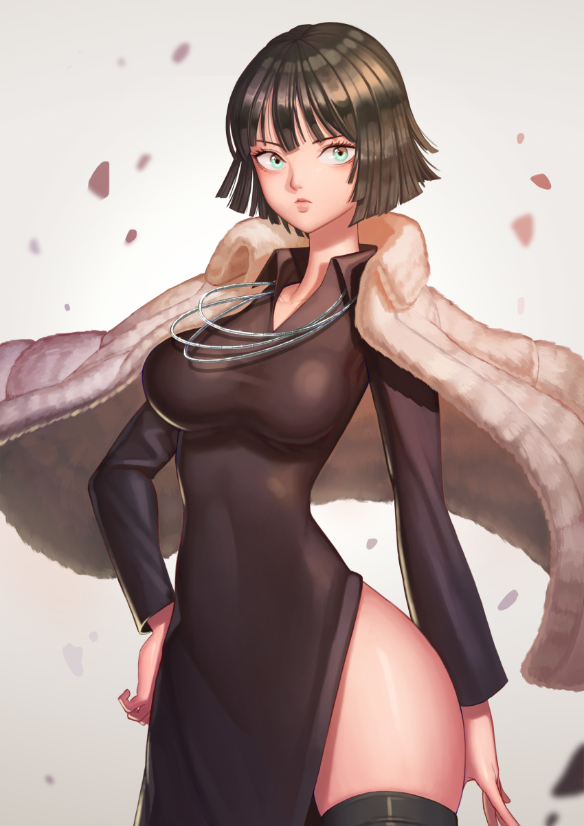 1girl absurdres arm_at_side bangs black_dress black_hair black_legwear bob_cut breasts collared_dress curly_hair dress floating_rock fubuki_(one-punch_man) fur_coat green_eyes hand_on_hip highres jacket_on_shoulders jewelry large_breasts looking_at_viewer necklace one-punch_man pudin side_slit slender_waist solo taut_clothes taut_dress thigh-highs white_background