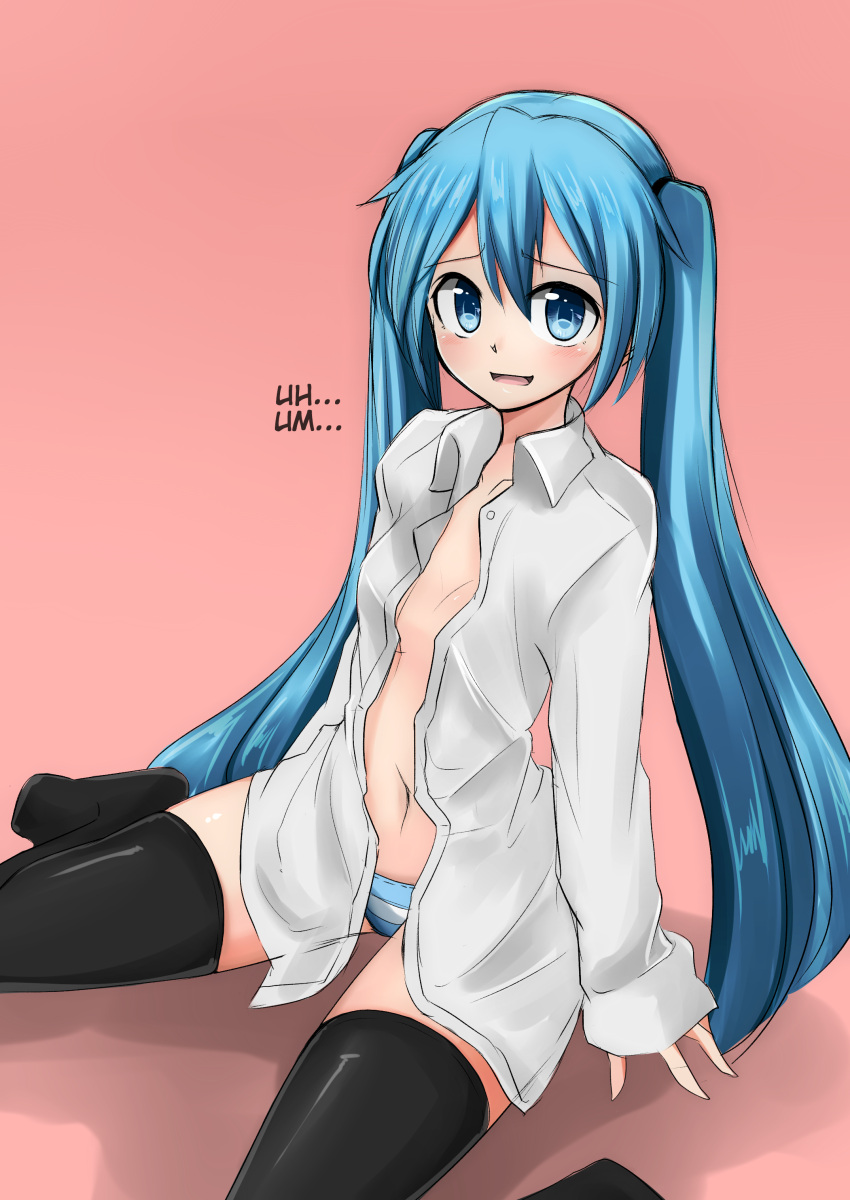 1girl absurdres blue_eyes blue_hair hard_translated hatsune_miku highres kazenoko long_hair looking_at_viewer navel no_pants open_clothes open_shirt panties shirt simple_background sitting solo striped striped_panties thigh-highs translated twintails underwear very_long_hair vocaloid wariza