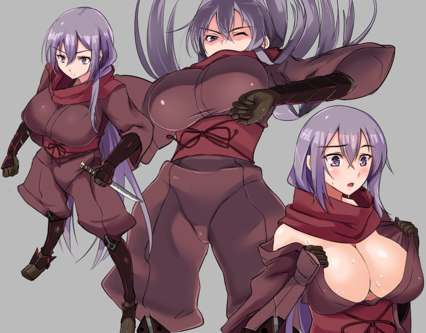 1girl bare_shoulders breasts dragon_yukano gloves grey_background huge_breasts japanese_clothes large_breasts long_hair ninja ninja_slayer open_mouth purple_hair scarf simple_background sweat takara_joney vambraces very_long_hair violet_eyes weapon