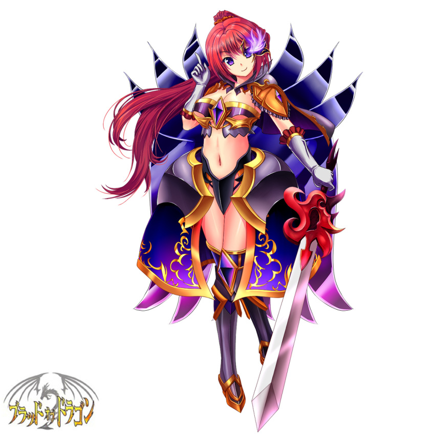 1girl armor breasts cleavage full_body hair_ornament long_hair looking_at_viewer navel ponytail redhead simple_background smile solo standing sword syousitu_kirakira violet_eyes