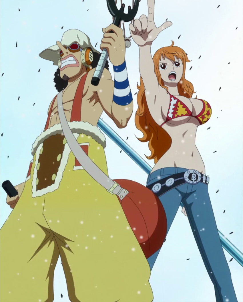 1boy 1girl bare_shoulders bikini_top black_hair breasts clima-tact facial_hair goatee goggles gradient gradient_background long_hair nami_(one_piece) navel one_piece open_mouth orange_hair pointing punk_hazard screencap standing stitched suspenders usopp
