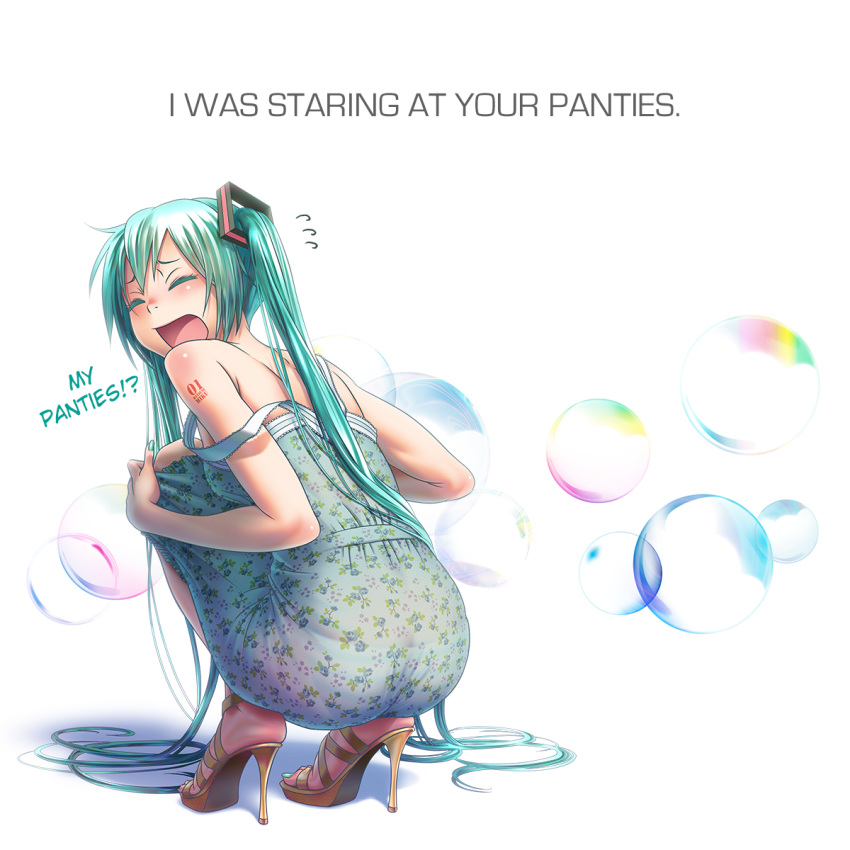 1girl aqua_hair ass bare_legs closed_eyes commentary_request dress eyelashes feet fingernails fingers flying_sweatdrops from_behind green_hair hands hard_translated hatsune_miku high_heels highres legs long_hair nail_polish no_socks open_mouth panties sandals see-through solo squatting strap_slip striped striped_panties tattoo toenail_polish toenails toes translated transparent twintails underwear very_long_hair vocaloid white_background wokada