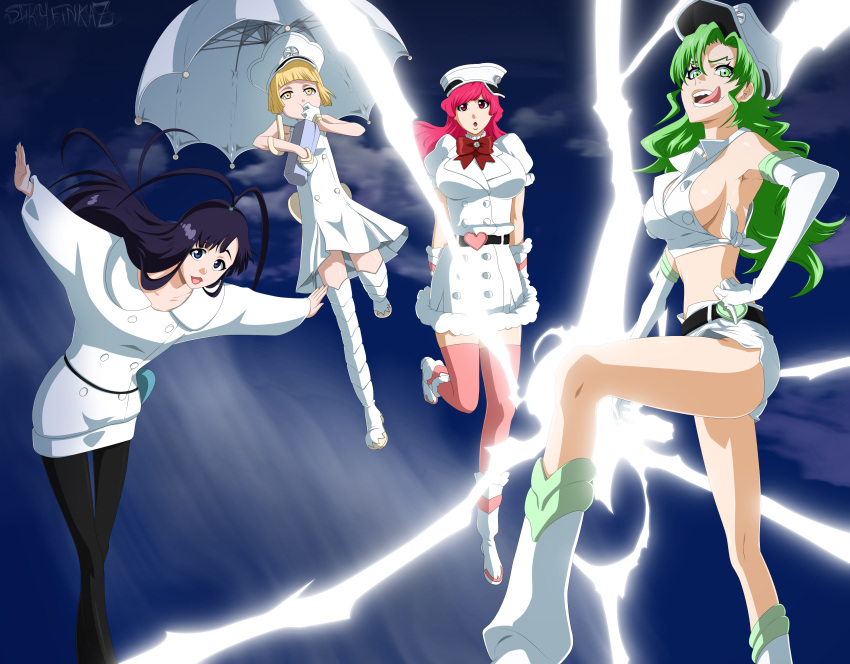 4girls androgynous bleach blonde_hair blue_eyes breasts candice_catnipp flat_chest giselle_gewelle green_eyes green_hair large_breasts liltotto_lamperd long_hair meninas_mcallon multiple_girls pantyhose pink_eyes pink_hair purple_hair quincy_(bleach) smile stiky_finkaz tongue trap yellow_eyes