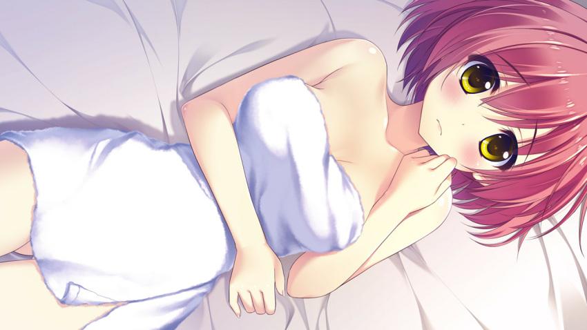 1girl ameto_yuki bare_shoulders bed blush breasts collarbone doumyouji_moemi embarrassed female game_cg highres large_breasts legs looking_at_viewer lying nude pure_x_connect redhead short_hair solo thighs towel yellow_eyes