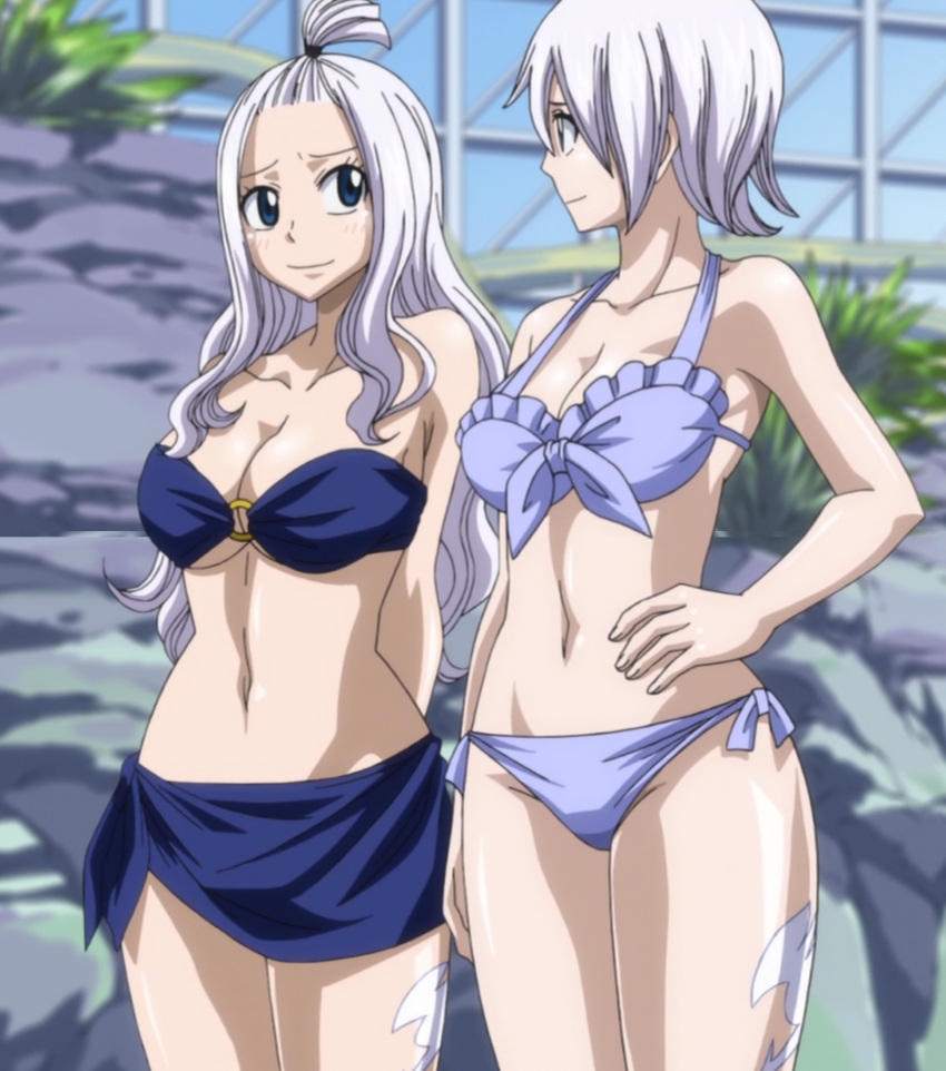 2girls bikini blue_eyes blush breasts cleavage fairy_tail female highres large_breasts legs lisanna_strauss long_hair mirajane_strauss multiple_girls navel pose siblings silver_hair sisters smile stitched swimsuit tattoo white_hair