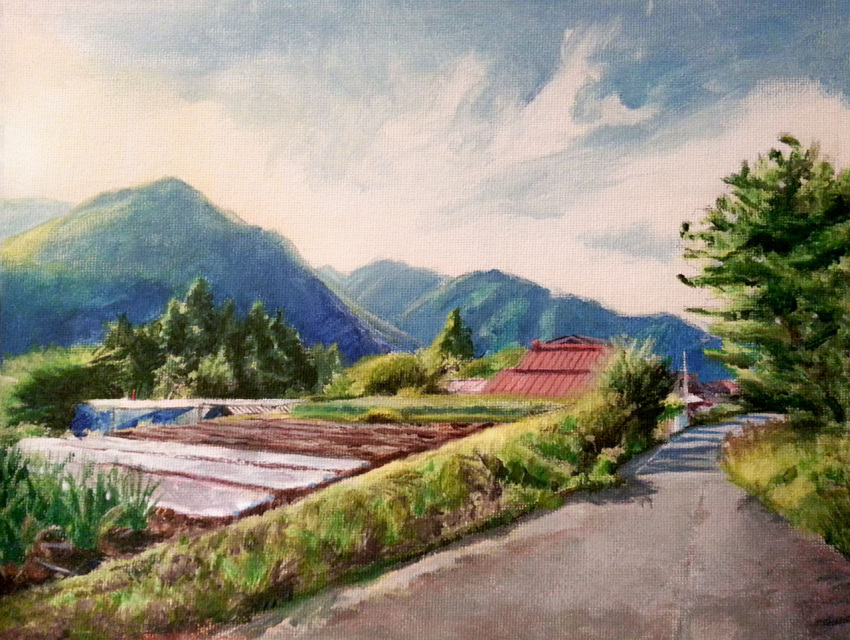 clouds dekus garden hill house japan mountain painting scenery street sunlight