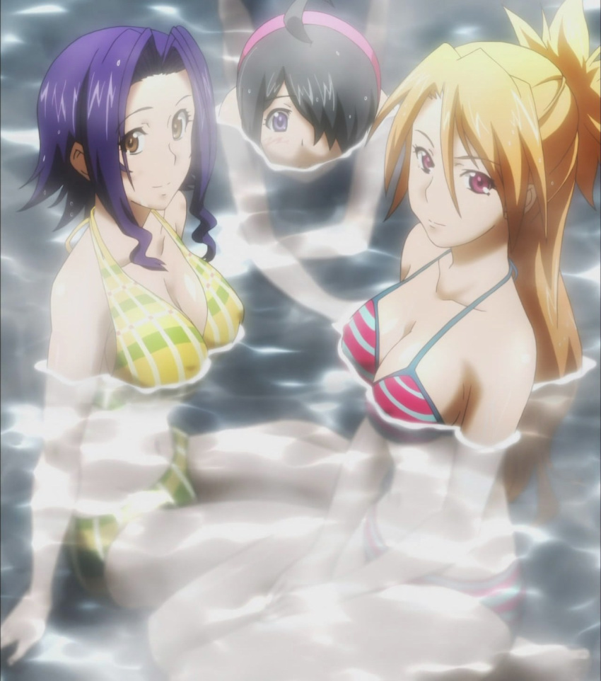 3girls amado_yuuka bikini breasts hair_over_one_eye maken-ki! multiple_girls satou_kimi screencap stitched swimsuit takaki_furan