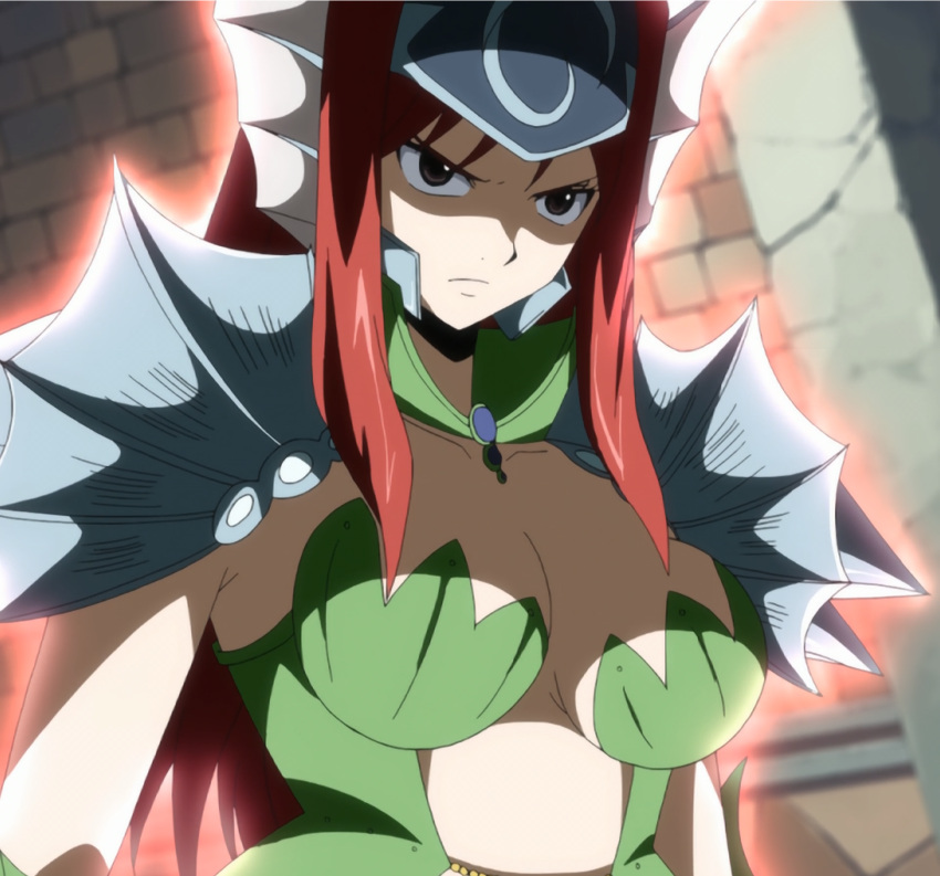 1girl armor aura breasts brown_eyes cleavage erza_scarlet fairy_tail female highres large_breasts long_hair redhead screencap serious solo stitched