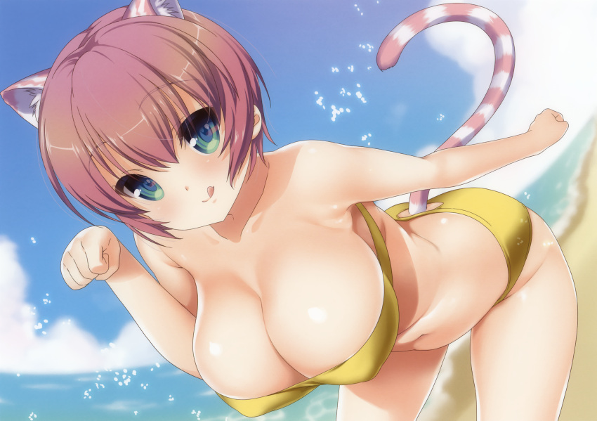 1girl :q animal_ears ass_cutout bandeau bare_shoulders beach bent_over bikini blue_sky breasts brown_hair cleavage female fisheye green_eyes highres large_breasts leaning_forward looking_at_viewer nanase_meruchi navel paw_pose pink_hair scan short_hair sky smile solo swimsuit tail tiger_ears tiger_tail tongue tongue_out yellow_bikini