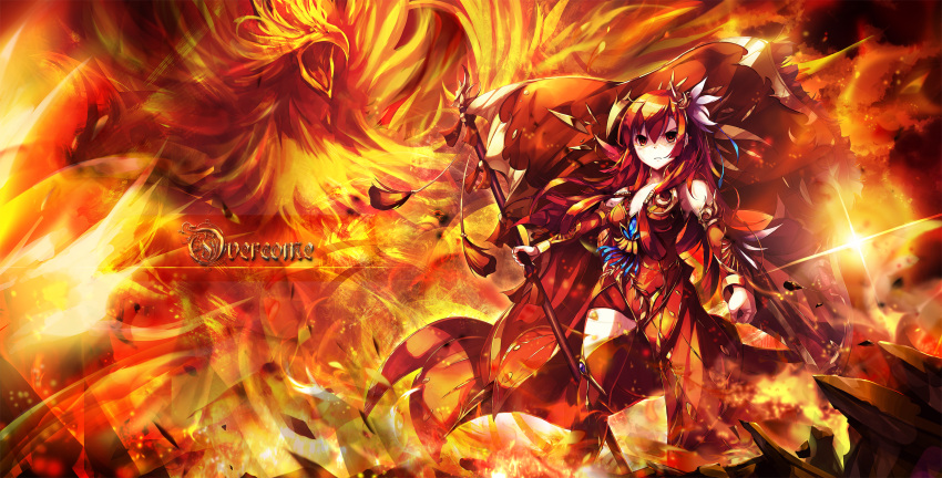 1girl bird closed_mouth detached_sleeves female fire flag flame flower hair_flower hair_ornament highres jewelry long_hair original phoenix red_eyes redhead riburanomind solo weapon