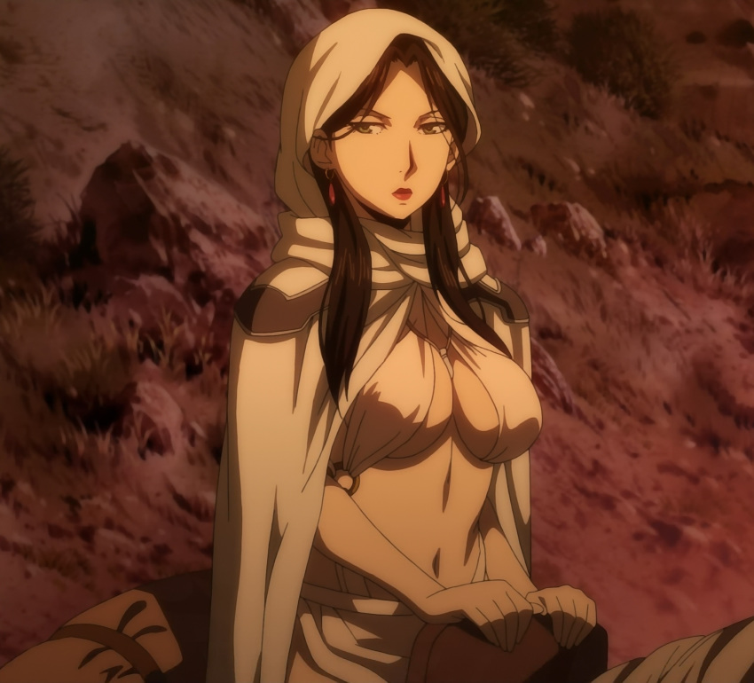 1girl arslan_senki black_hair breasts cleavage earrings falangies female highres jewelry large_breasts long_hair midriff navel screencap solo stitched under_boob white_cape