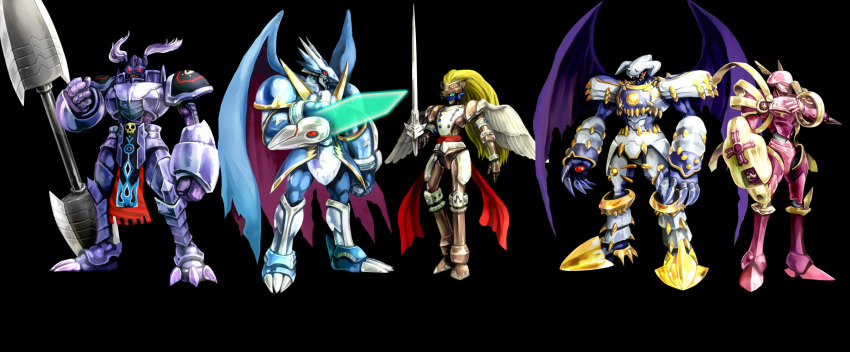 5boys armor bandai blue_armor claws craniamon digimon dragon dragon_wings duftmon dynasmon full_armor gauntlets green_eyes helmet horns knight lance long_coat lordknightmon male_focus monster multiple_boys muscle no_humans polearm red_eyes royal_knights shoulder_pads simple_background skull solo spikes sword ulforceveedramon weapon wings