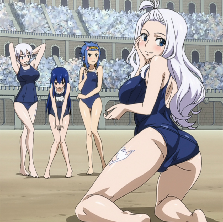 4girls barefoot blue_eyes blue_hair blush breasts everyone fairy_tail highres large_breasts legs levy_mcgarden lisanna_strauss mirajane_strauss multiple_girls pose silver_hair smile stitched swimsuit tattoo wendy_marvell white_hair