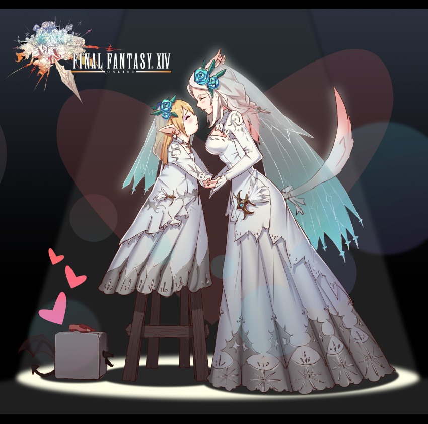 2girls absurdres artist_request cat_ears cat_tail dark_background final_fantasy final_fantasy_xiv flower hair_flower hair_ornament heart highres lalafell logo miqo'te multiple_girls pointy_ears size_difference spotlight stool tail veil wedding wedding_dress wife_and_wife yuri
