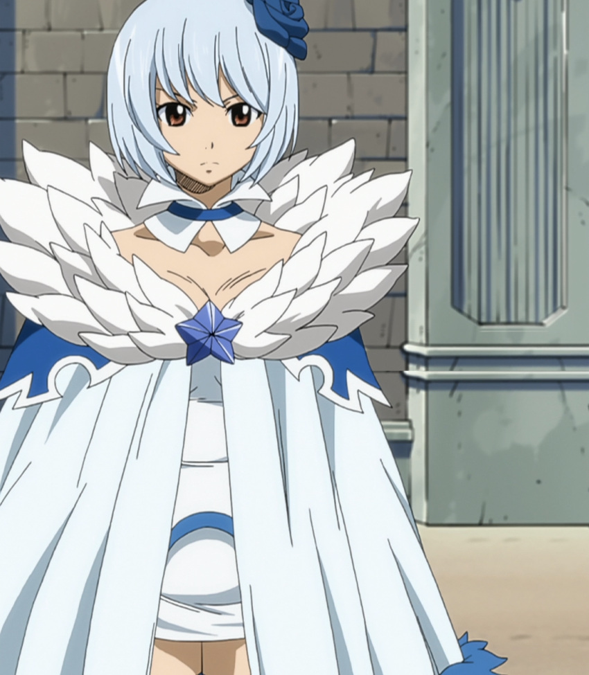 1girl blush breasts brown_eyes cleavage dress fairy_tail feathers highres screencap short_hair silver_hair solo star stitched white_hair yukino_aguria