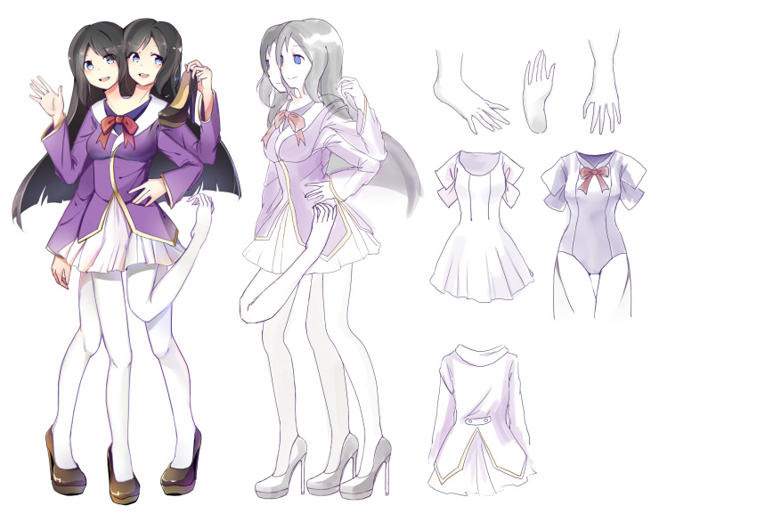 character_sheet conjoined full_body high_heels highres multiple_arms multiple_heads multiple_legs pantyhose shoes_removed white_legwear