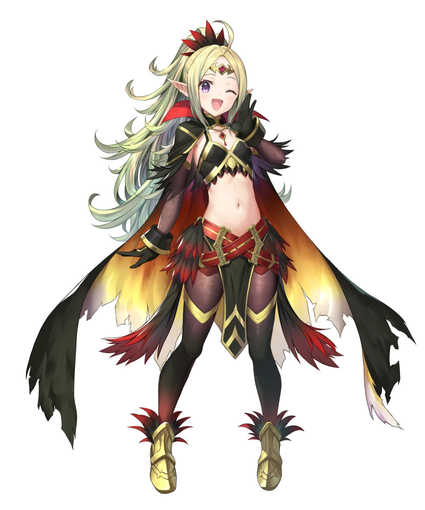 1girl ahoge alternate_costume bangs belt black_gloves blonde_hair cape feather_trim feathers fire_emblem fire_emblem_awakening fire_emblem_heroes flat_chest gloves gold_trim gradient gradient_clothes gradient_hair green_hair highres jewelry kousei_horiguchi long_hair midriff multicolored_hair multiple_belts navel nowi_(fire_emblem) official_art pantyhose parted_bangs pelvic_curtain pointy_ears ponytail stomach tiara tied_hair transparent_background violet_eyes