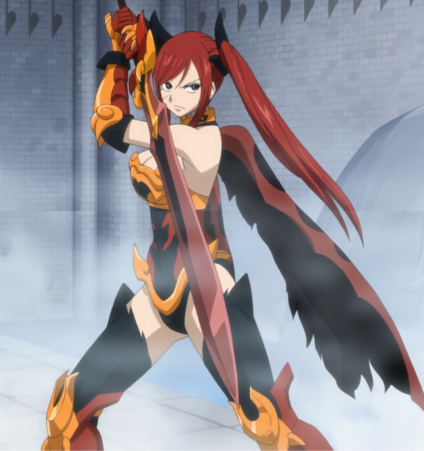 1girl armor breasts erza_scarlet fairy_tail female fog highres large_breasts long_hair pose redhead screencap serious smoke solo stitched sword