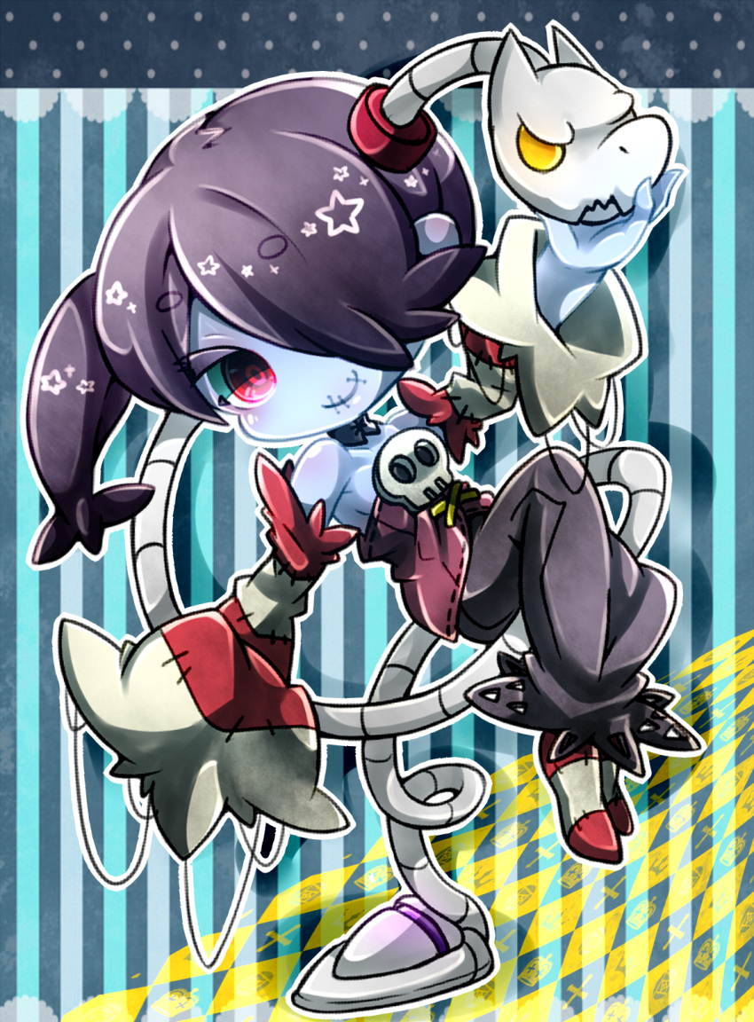 1girl bare_shoulders blue_skin chibi detached_collar detached_sleeves dress hair_over_one_eye leviathan_(skullgirls) long_hair no_shoes purple_hair red_eyes rin10 short_hair side_ponytail skull skullgirls socks squigly_(skullgirls) stitched_mouth stitches striped striped_legwear striped_sleeves zombie