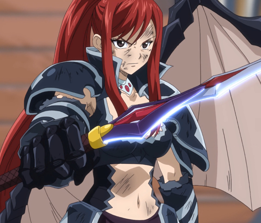 1girl armor breasts brown_eyes bruises cleavage erza_scarlet fairy_tail female highres large_breasts navel ponytail redhead screencap serious solo stitched sword wings