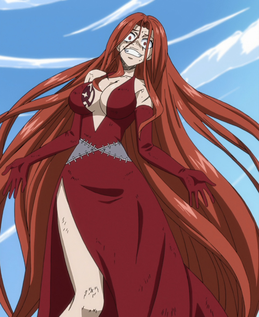 1girl bare_shoulders breasts bruises clouds crazy dirty dress elbow_gloves fairy_tail flare_corona gloves highres long_hair red_eyes redhead scar screencap smile solo stitched tattoo tattooed_breast