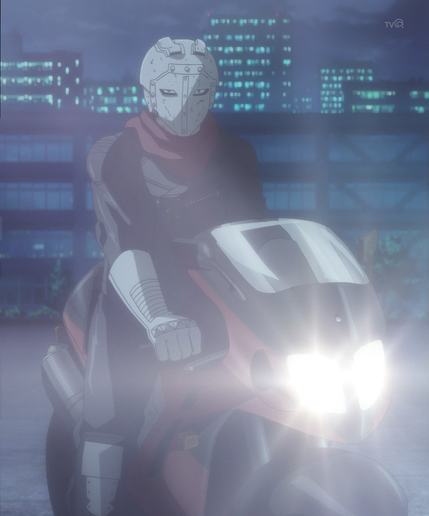 1boy building gloves ground_vehicle highres mask motor_vehicle motorcycle screencap triage_x