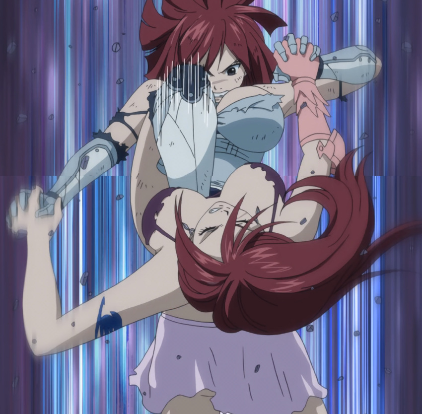 1girl armor bare_shoulders breasts cleavage erza_knightwalker erza_scarlet fairy_tail female fight hair_over_one_eye highres large_breasts long_hair redhead scarf screencap serious solo stitched tattoo