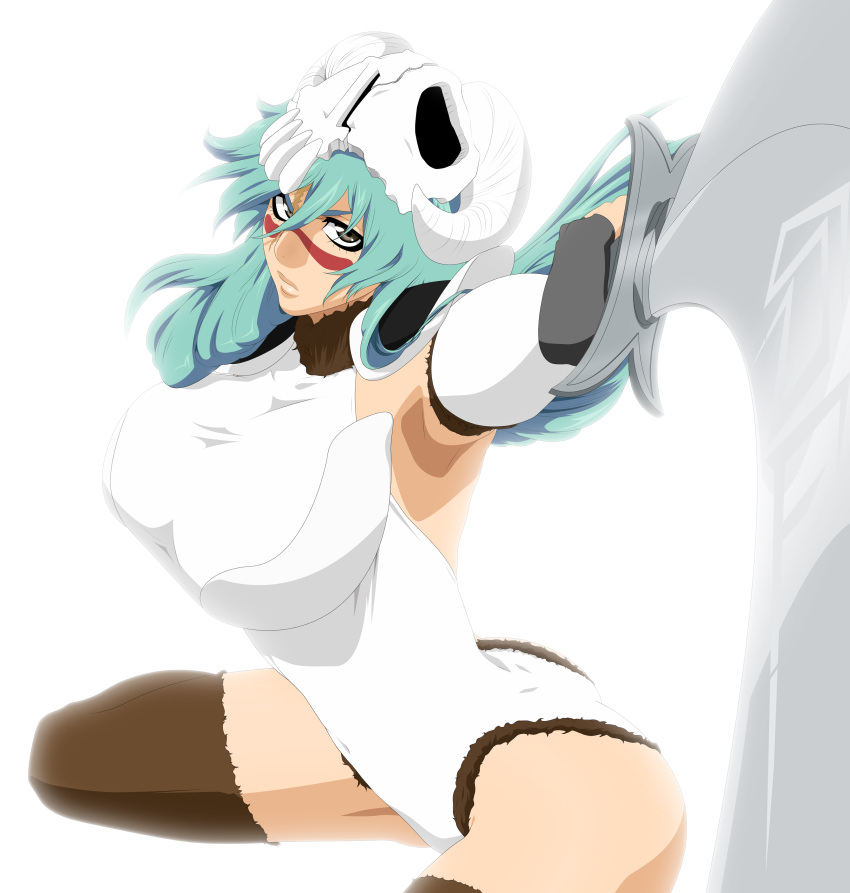 1girl absurdres aqua_hair arrancar ass bleach breasts brown_eyes female green_hair highres large_breasts long_hair looking_at_viewer nelliel_tu_odelschwanck skull solo stiky_finkaz sword thigh-highs thighs wavy_hair white_background