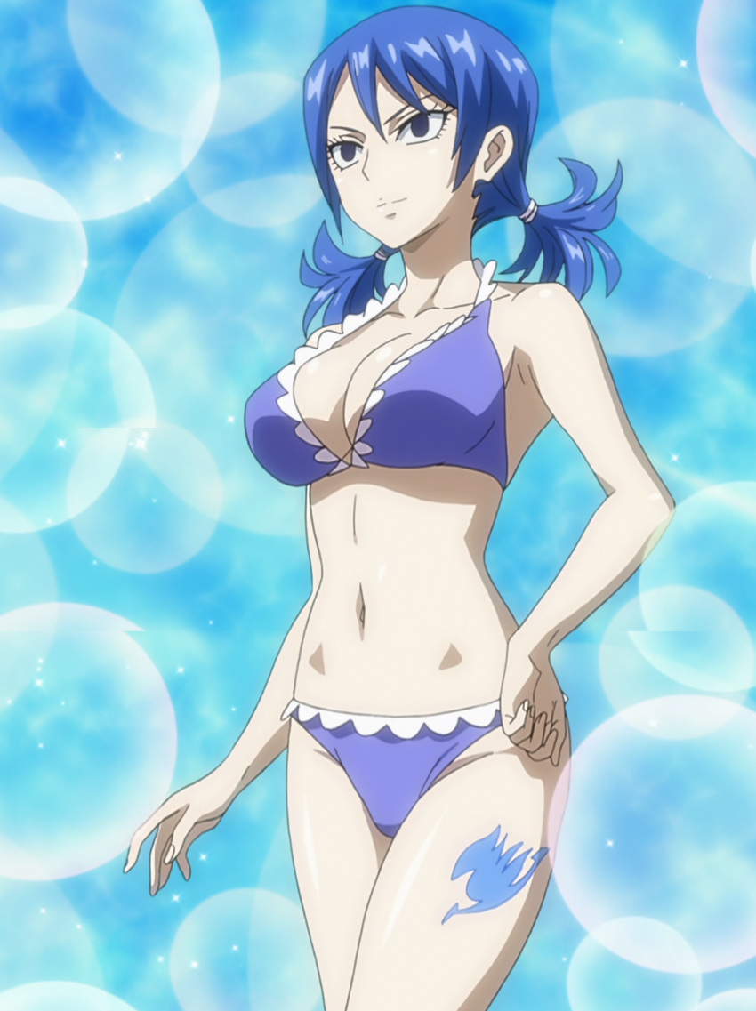 1girl bare_shoulders belly bikini blue_eyes blue_hair breasts cleavage fairy_tail female highres juvia_loxar large_breasts navel screencap solo stitched swimsuit tattoo thick_thighs thighs