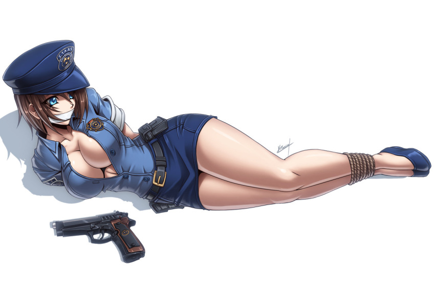 1girl arms_behind_back bdsm blue_eyes bondage bound breasts brown_hair cleavage curvy female full_body gag gagged gun handgun hat jill_valentine karosu-maker large_breasts lying on_side police police_uniform policewoman resident_evil rope short_hair simple_background skirt solo tape_gag tied_up uniform weapon wide_hips