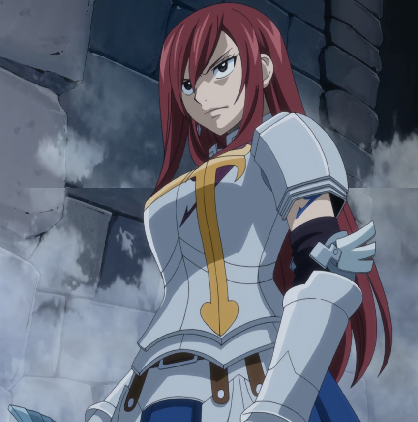 1girl armor breasts erza_scarlet fairy_tail female hair_over_one_eye highres large_breasts long_hair redhead screencap serious solo stitched tattoo