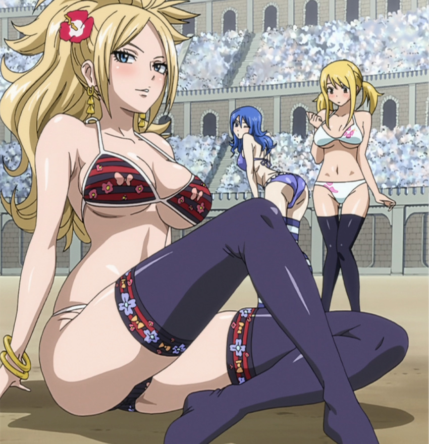 3girls ass audience bare_shoulders bent_over bikini black_legwear blonde_hair blue_eyes blue_hair blush bracelet breasts brown_eyes cleavage earrings fairy_tail feet flower gold hair_flower hair_ornament highres jenny_realight jewelry juvia_loxar knees_together_feet_apart large_breasts long_hair lucy_heartfilia multiple_girls necklace no_shoes screencap sitting smile stadium standing stitched striped striped_legwear swimsuit tattoo thigh-highs thigh_gap twintails under_boob
