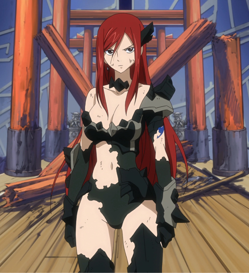1girl armor breasts cleavage erza_scarlet fairy_tail female highres large_breasts long_hair redhead screencap serious solo stitched tattoo