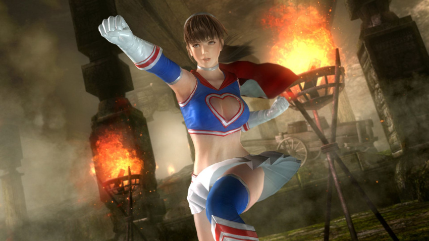 1girl 3d blue_eyes boob_window breasts cape choker cleavage dead_or_alive dead_or_alive_5 fist gloves hairband heart hitomi_(doa) midriff official_art pose skirt solo tecmo thigh-highs wallpaper