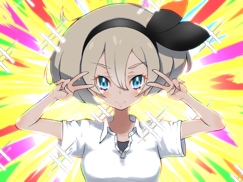 1girl bangs black_hairband blue_eyes blush bow_hairband closed_mouth collared_shirt commentary_request double_v emotional_engine_-_full_drive eyebrows_visible_through_hair eyelashes fate/grand_order fate_(series) fingernails grey_hair gym_leader hair_between_eyes hairband highres looking_at_viewer nuneno parody pokemon pokemon_(game) pokemon_swsh saitou_(pokemon) shirt short_hair short_sleeves smile solo sparkle v white_shirt