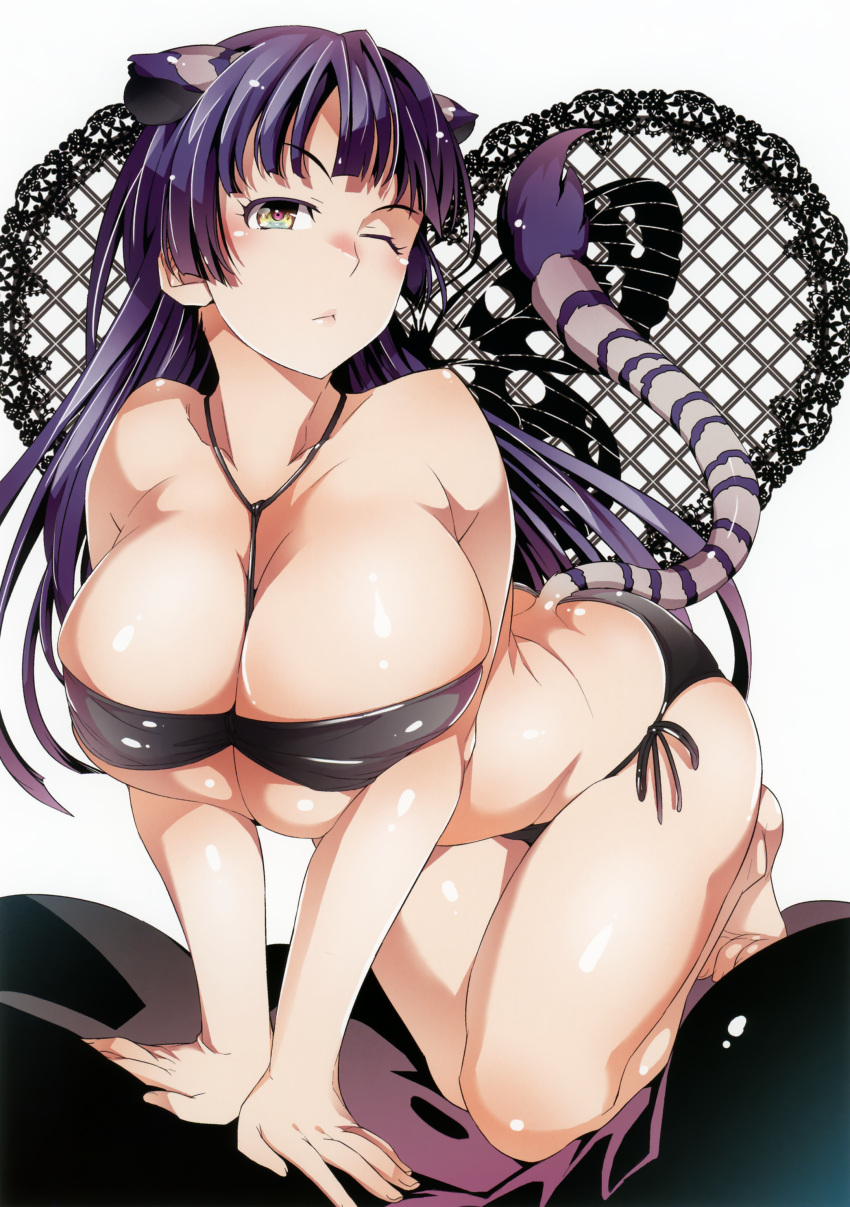 1girl ;&lt; absurdres all_fours animal_ears bandeau barefoot between_breasts bikini black_bikini breast_squeeze breasts cleavage highres huge_breasts ichitaka jewelry long_hair looking_at_viewer necklace one_eye_closed purple_hair shiny shiny_skin side-tie_bikini solo swimsuit tail tiger_ears tiger_tail very_long_hair yellow_eyes