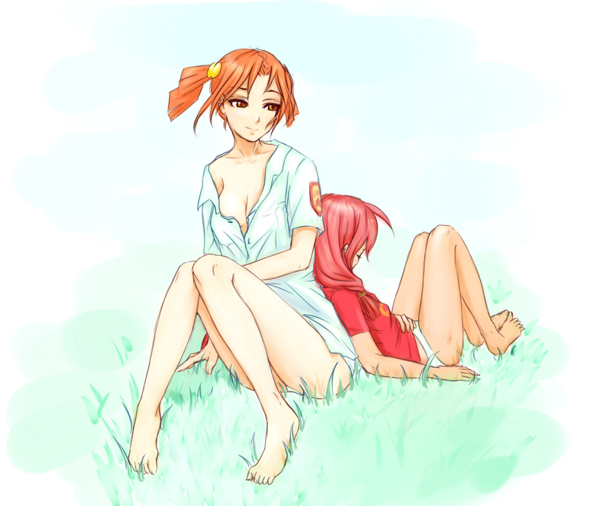 2girls barefoot dvach-tan everlasting_summer mascot multiple_girls orange_eyes orange_hair orikanekoi redhead ussr-tan
