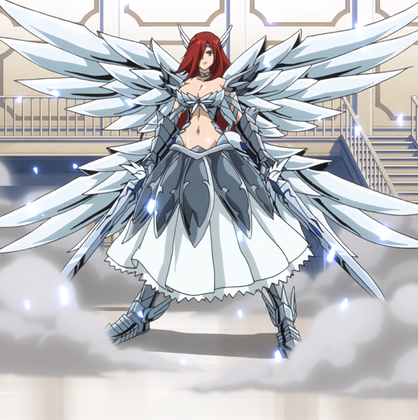 1girl armor breasts brown_eyes cleavage erza_scarlet fairy_tail female hair_over_one_eye highres large_breasts long_hair redhead screencap solo stitched sword wings