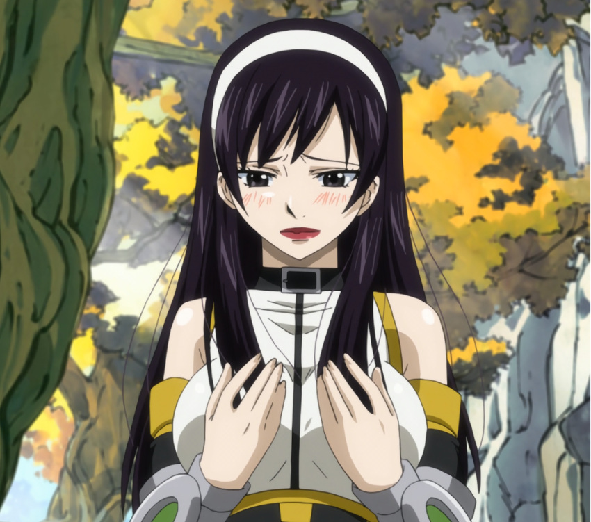 1girl black_hair blush breasts brown_eyes fairy_tail hairband highres large_breasts lips lipstick long_hair makeup red_lipstick screencap stitched ultear_milkovich