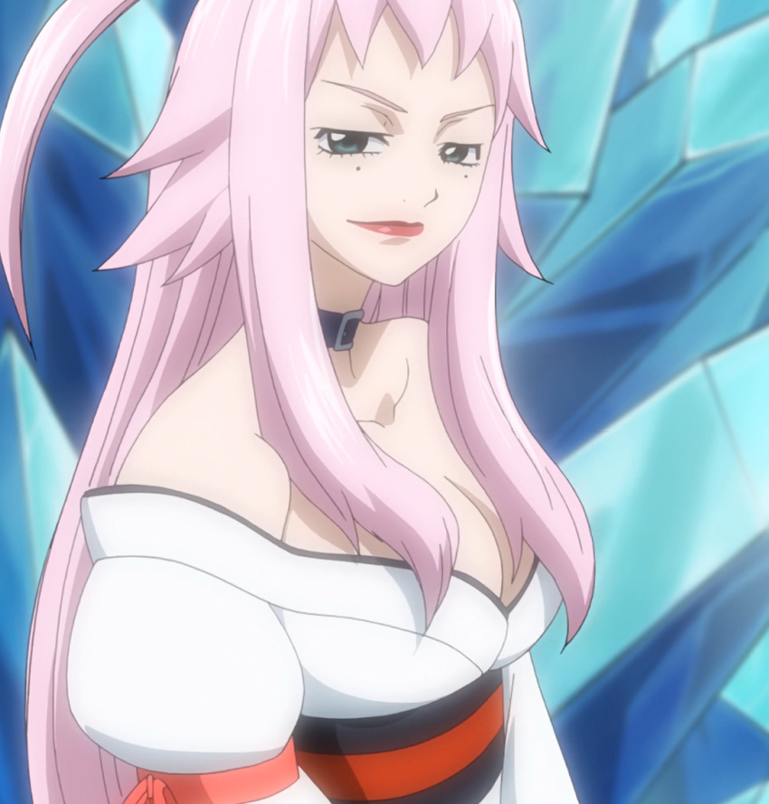 1girl breasts fairy_tail female highres ikaruga_(fairy_tail) japanese_clothes kimono large_breasts lipstick long_hair makeup pink_hair red_eyes red_lipstick screencap smile solo stitched