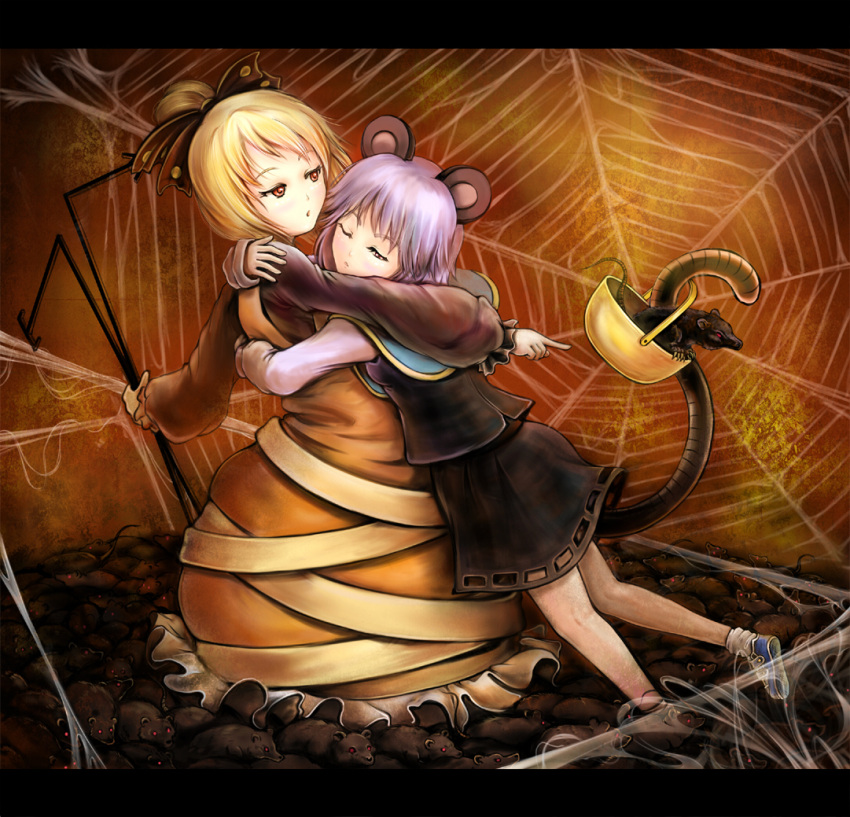 animal_ears bad_id basket blonde_hair grey_hair hug kurodani_yamame letterboxed mouse mouse_ears mouse_tail multiple_girls nazrin pointing rat red_eyes sai-go short_hair spider_web spider_webs tail touhou wink