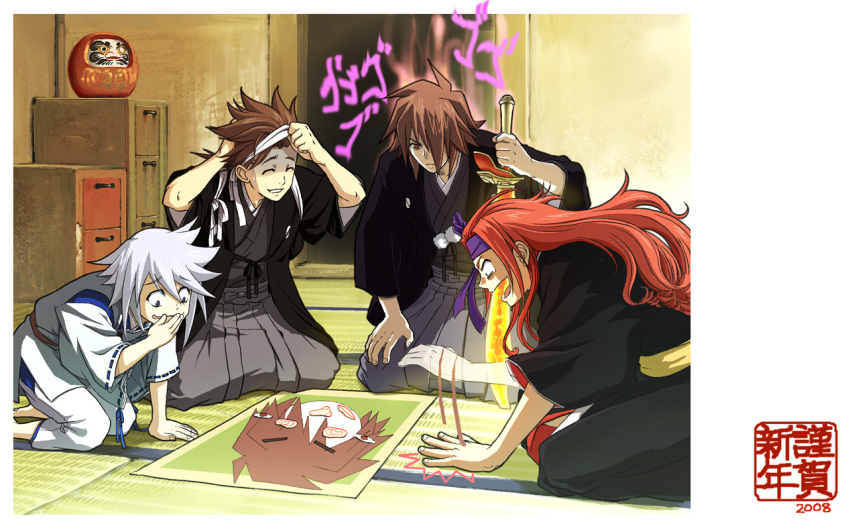 angry brown_hair drawing embarrassed genis_sage japanese_clothes kimono kratos_aurion laughing lloyd_irving male multiple_boys red_eyes red_hair redhead shimabara short_hair smile sword tales_of_(series) tales_of_symphonia tears weapon white_hair zelos_wilder