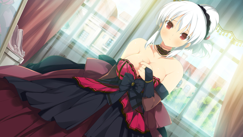 1girl bare_shoulders blush breasts cleavage curtains dress elbow_gloves evenicle female game_cg gloves hair_bun hair_up large_breasts looking_at_viewer mirror ramius red_eyes solo standing white_hair window yaegashi_nan