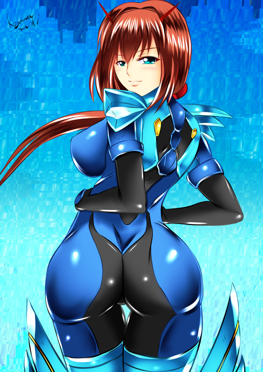 1girl ass blue_eyes blush bodysuit boots breasts brown_hair female from_behind gloves huge_ass kogawawaki large_breasts long_hair looking_at_viewer looking_back original ponytail redhead shiny shiny_clothes sideboob skin_tight smile solo thigh_boots