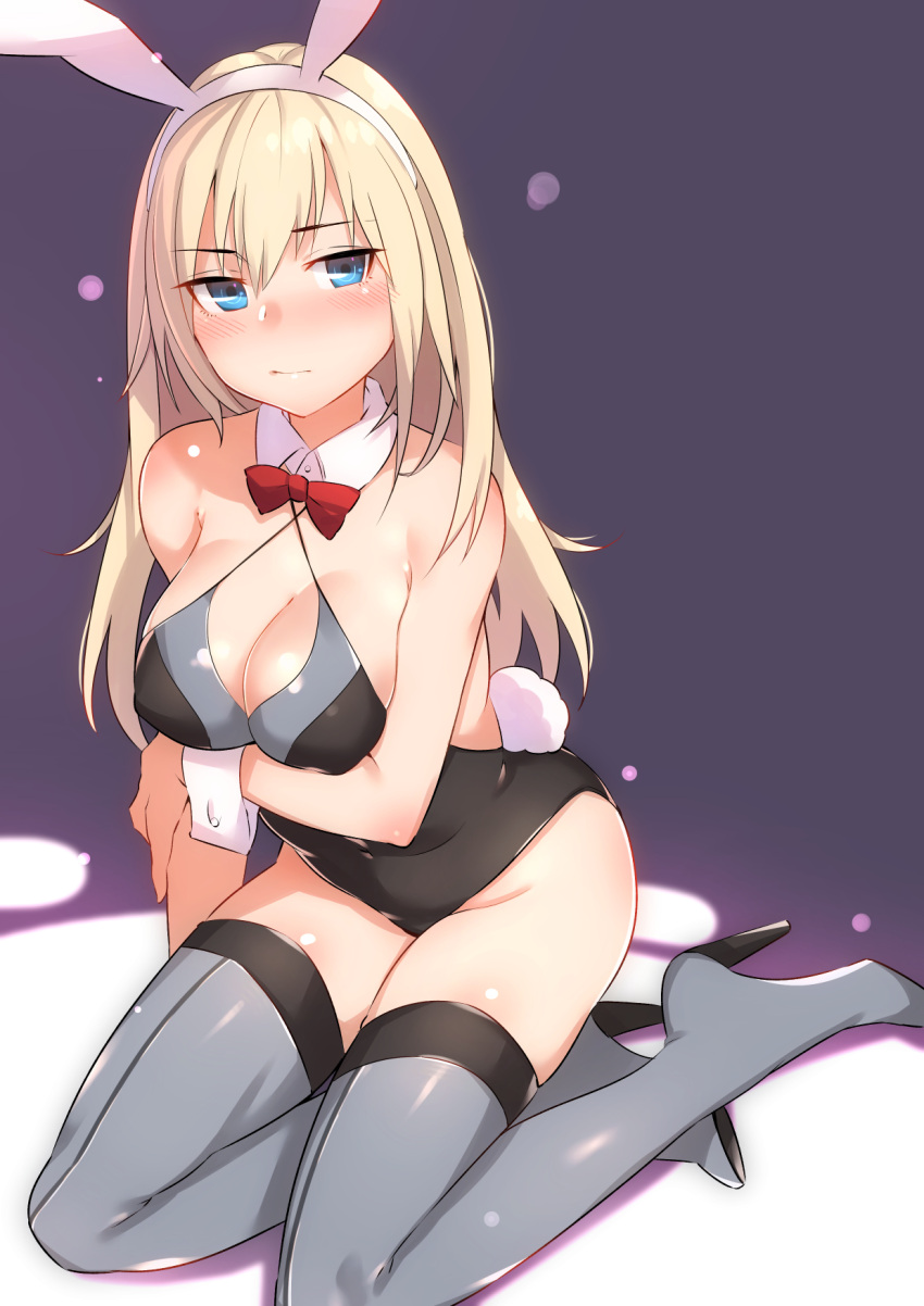 animal_ears bare_shoulders bismarck_(kantai_collection) blonde_hair blue_eyes blush boots bow bowtie breast_hold breasts bunny_tail bunnysuit cleavage criss-cross_halter detached_collar grey_boots grey_legwear halter_top halterneck high_heel_boots high_heels highres inuhasiru kantai_collection large_breasts looking_at_viewer rabbit_ears sitting tail thigh-highs thigh_boots wrist_cuffs yokozuwari