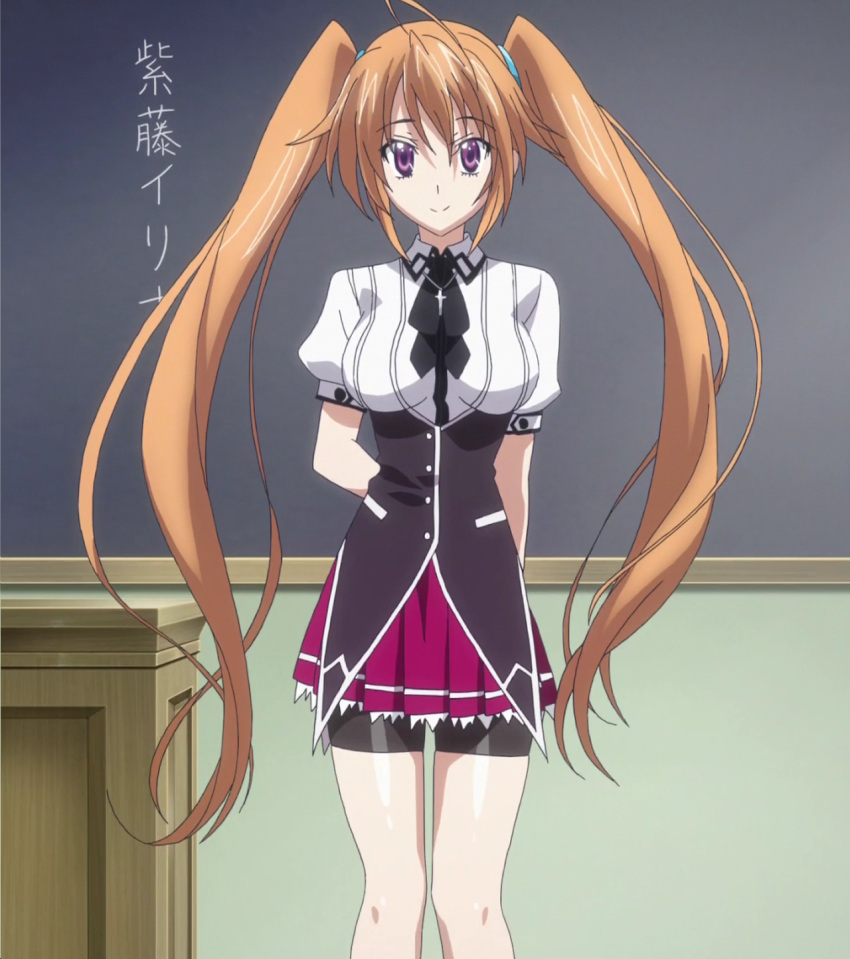1girl high_school_dxd long_hair school_uniform shidou_irina smile solo standing stitched twintails violet_eyes