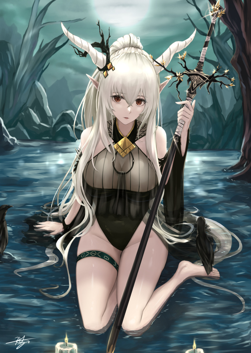 1girl arknights arm_support bangs bare_shoulders breasts chaciooh commentary_request eyebrows_visible_through_hair full_body hair_between_eyes highres holding holding_staff horns large_breasts long_hair looking_at_viewer parted_lips pointy_ears ponytail red_eyes revision shining_(arknights) sidelocks sitting solo staff swimsuit thigh_strap very_long_hair white_hair yokozuwari