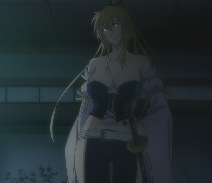 1girl anastasia_(brave_10) bare_shoulders blonde_hair blue_eyes brave_10 breasts cleavage corset female highres large_breasts long_hair midriff ponytail screencap solo stitched