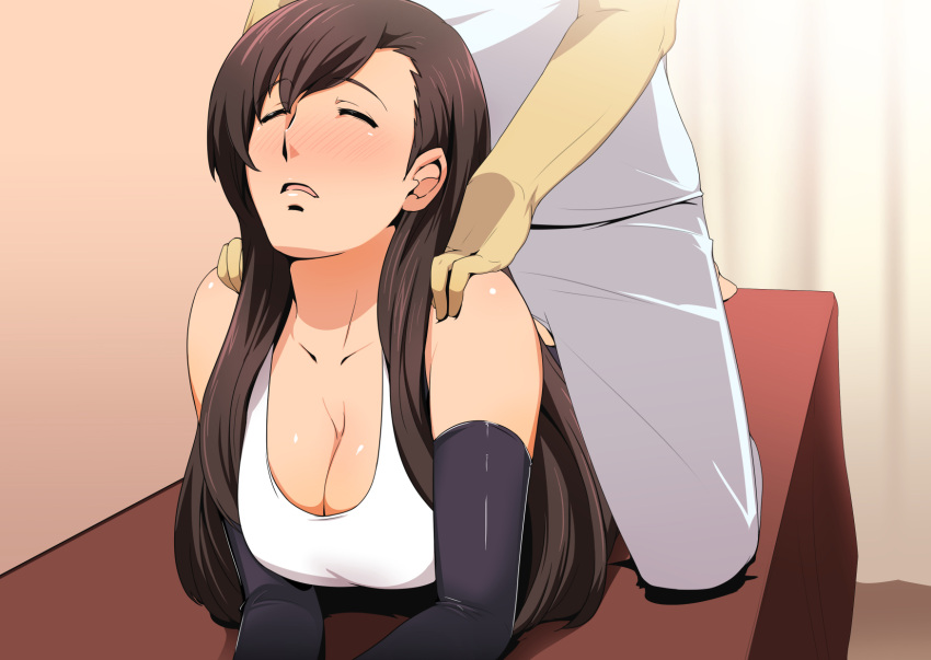 1girl black_hair blush breasts cleavage closed_eyes elbow_gloves final_fantasy final_fantasy_vii gloves gureko_rouman highres large_breasts long_hair lying massage on_stomach open_mouth sitting sitting_on_person solo_focus tank_top tifa_lockhart