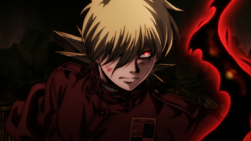 1girl aura blonde_hair breasts female hair_over_one_eye hellsing highres large_breasts military military_uniform red_eyes screencap seras_victoria short_hair smile solo uniform vampire